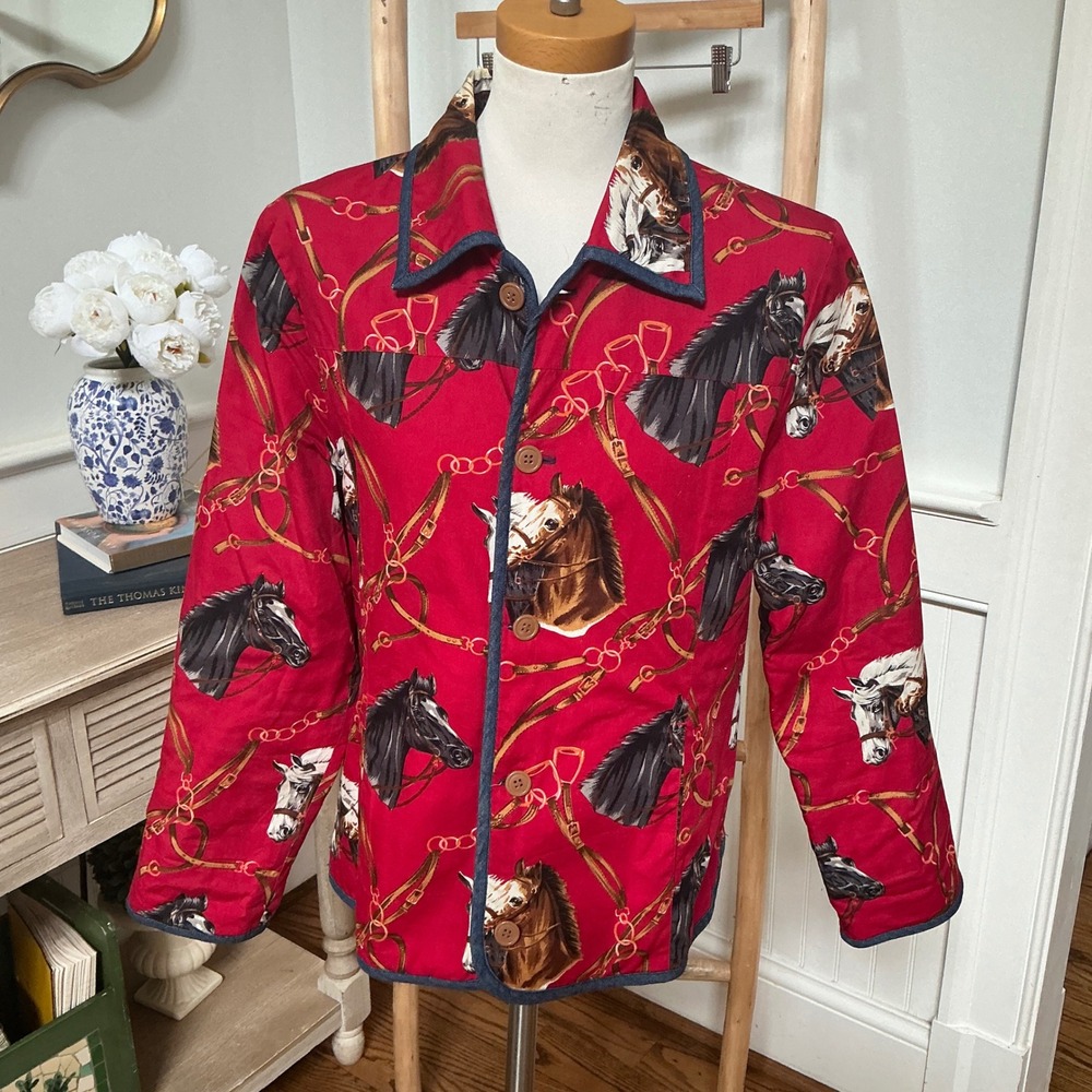 Anne Carson Red Quilted Horse Equestrian Print Barn Jacket Denim Trim Womens M